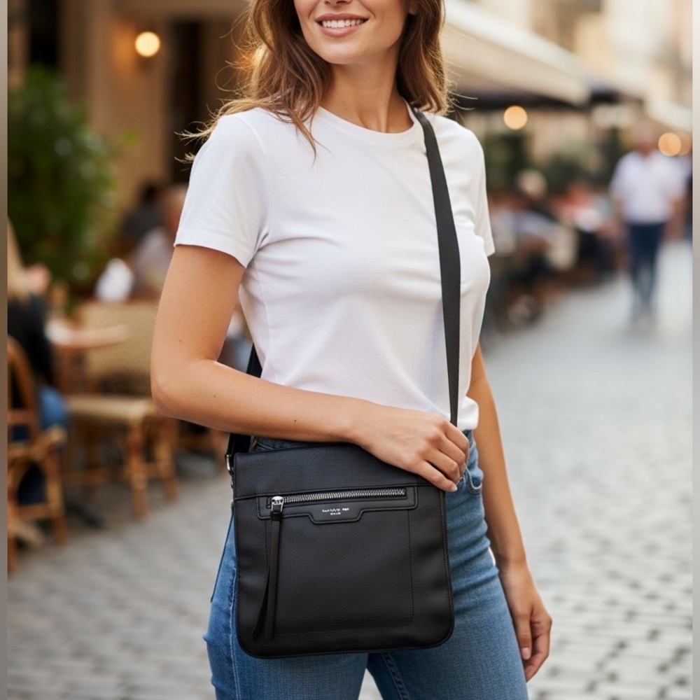 DAVID JONES PARIS Black Crossbody Bag Adjustable Buckle Strap Faux Leather